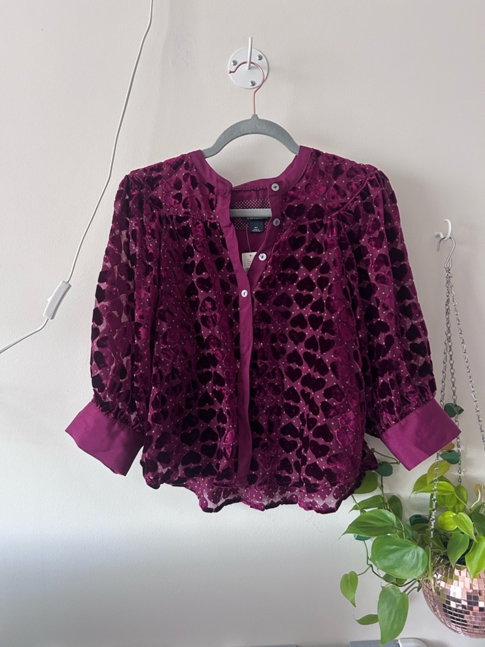 Anthropologie Wine/Bordeaux Velvet Heart Button-Front Blouse